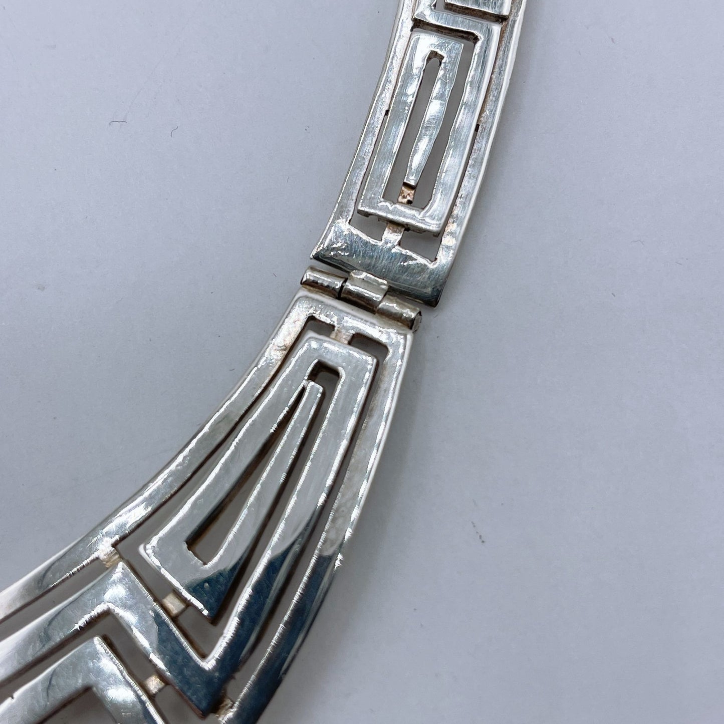 925 Silver Greek Key Design Choker Necklace Geometric Artisan Handcrafted Elegant Bold Metalwork
