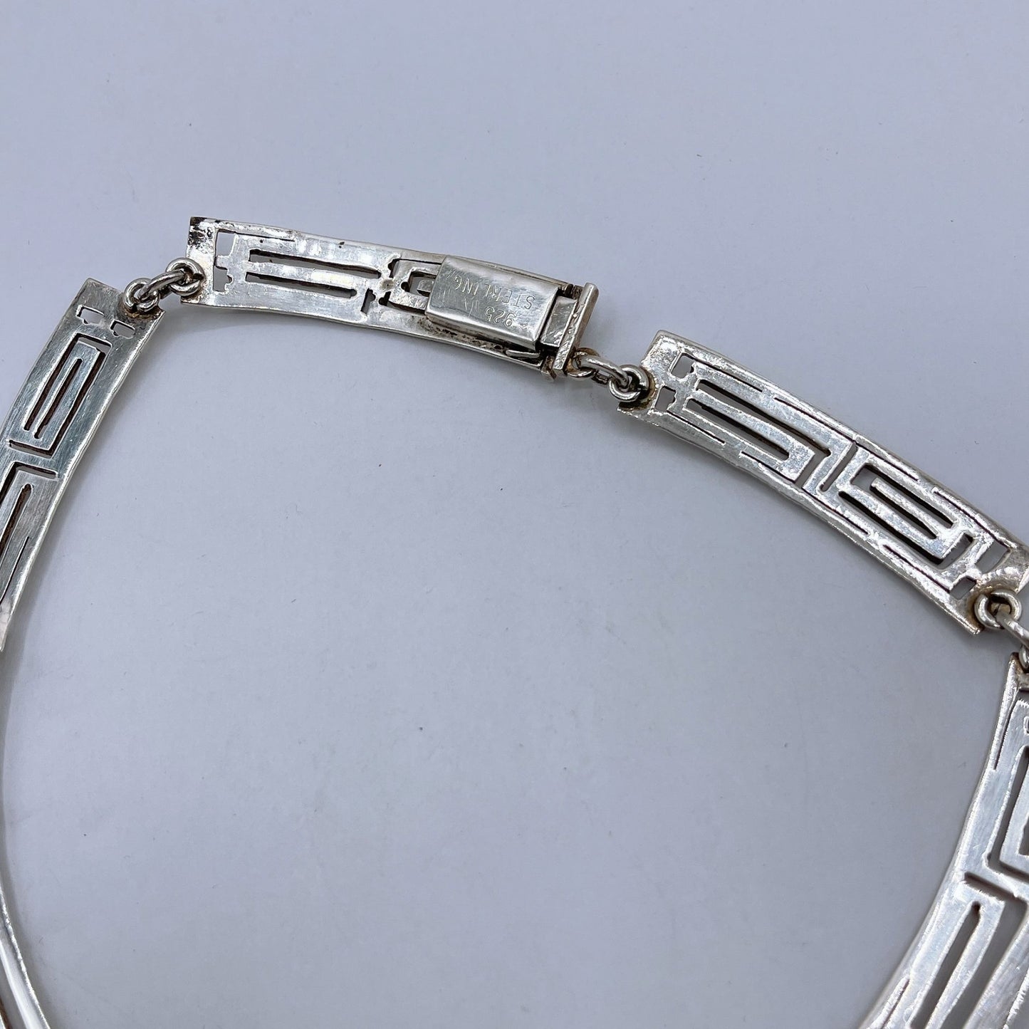 925 Silver Greek Key Design Choker Necklace Geometric Artisan Handcrafted Elegant Bold Metalwork