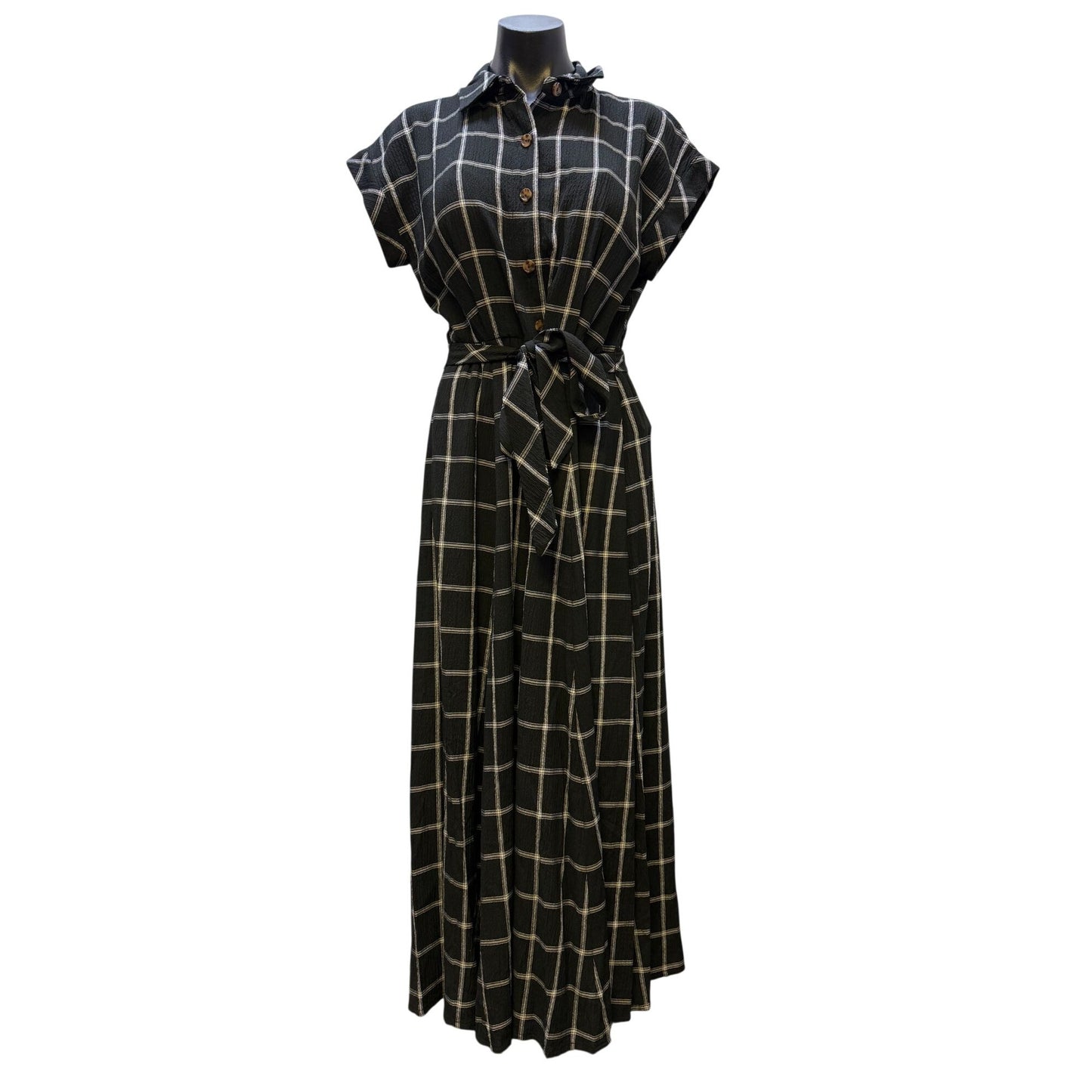NWT Calvin Klein Black & White Plaid Button Down Belted Maxi Dress Size 8