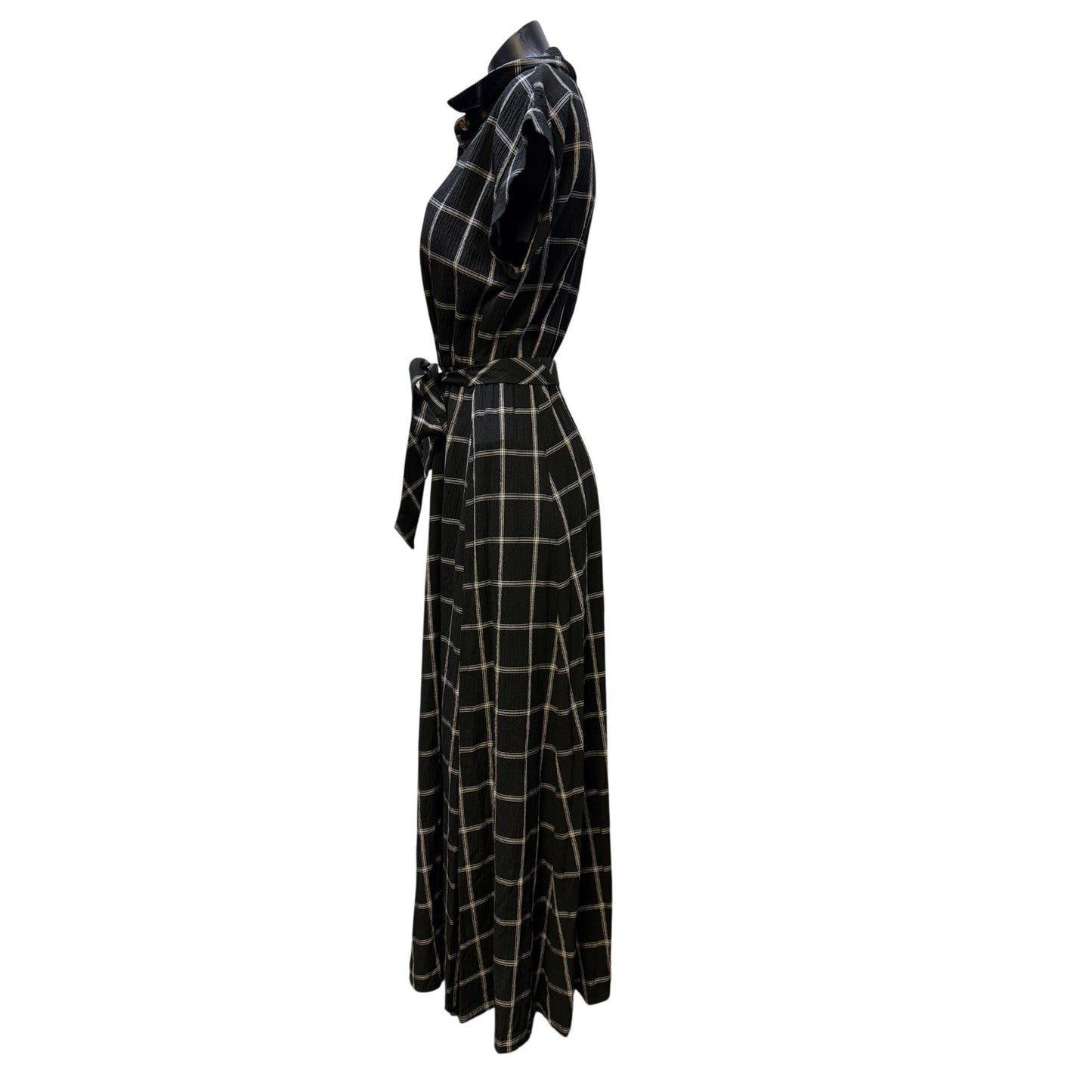 NWT Calvin Klein Black & White Plaid Button Down Belted Maxi Dress Size 8