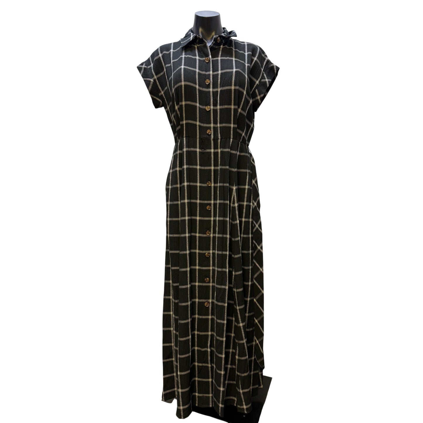 NWT Calvin Klein Black & White Plaid Button Down Belted Maxi Dress Size 8