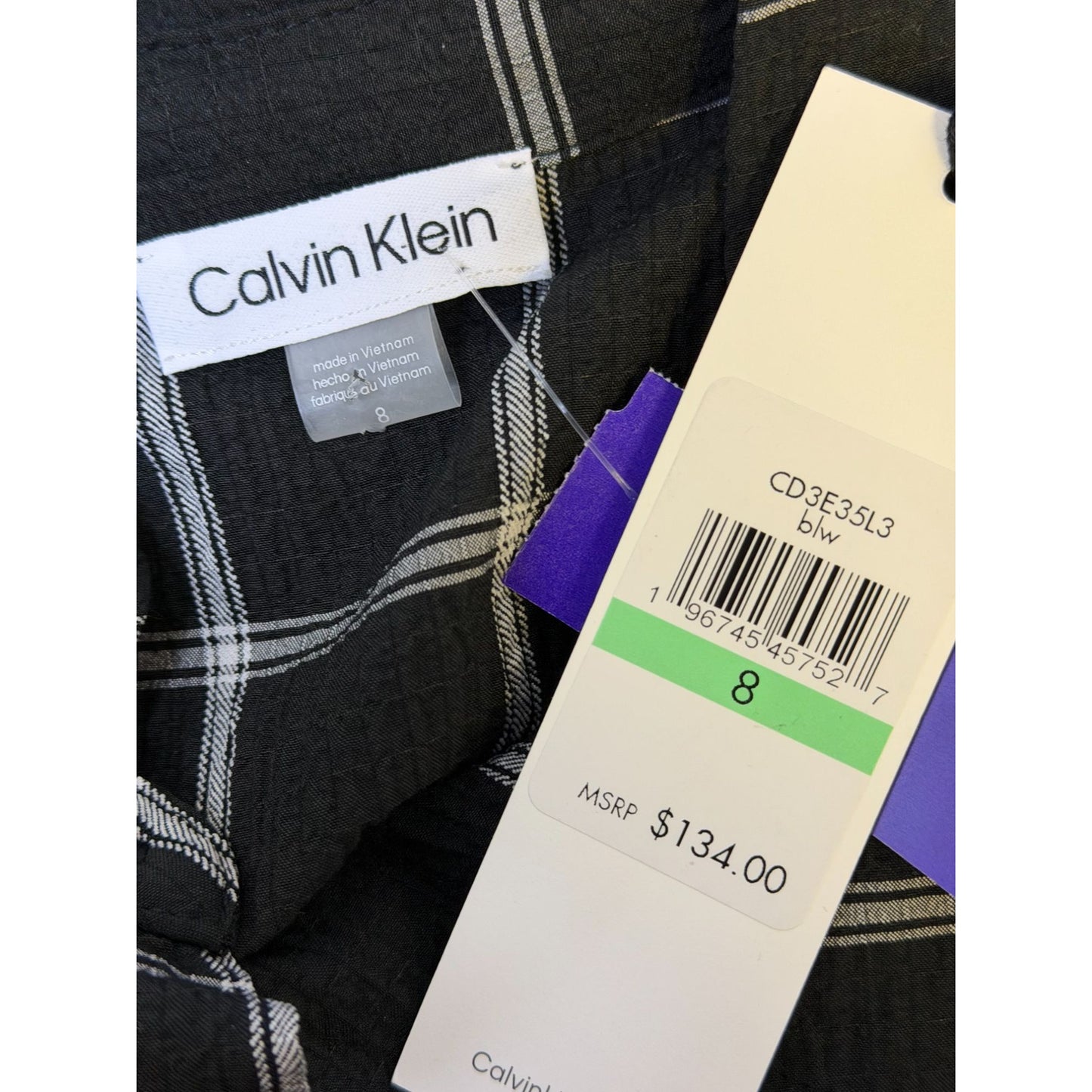 NWT Calvin Klein Black & White Plaid Button Down Belted Maxi Dress Size 8