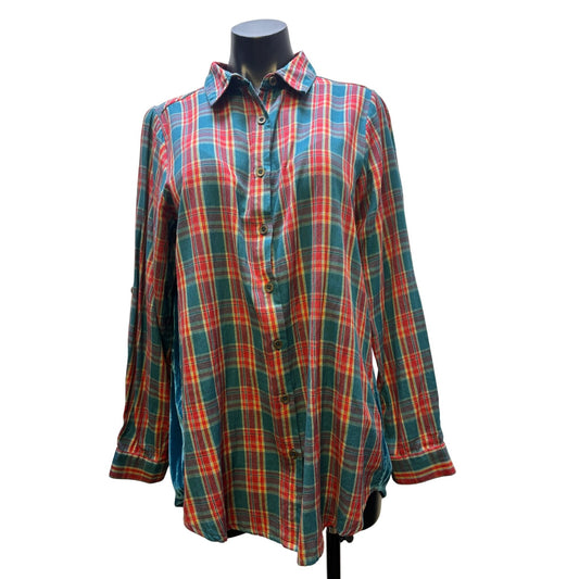 Kyla Seo Anthropologie Plaid Button-Up Shirt W/ Embroidered Velour Back Red & Green L