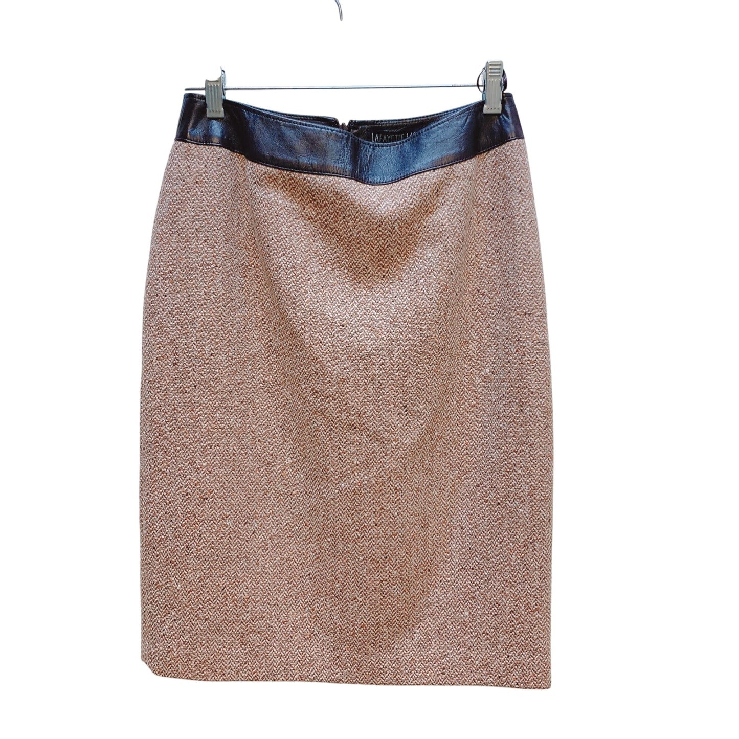 Lafayette 148 NY Tan Brown Tweed Pencil Skirt Faux Leather Waistband 8