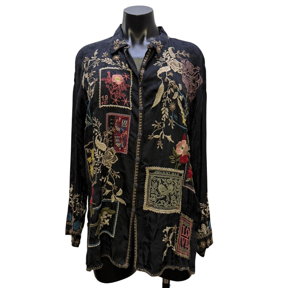 Johnny Was Embroidered Black Long-Sleeve Blouse Floral L