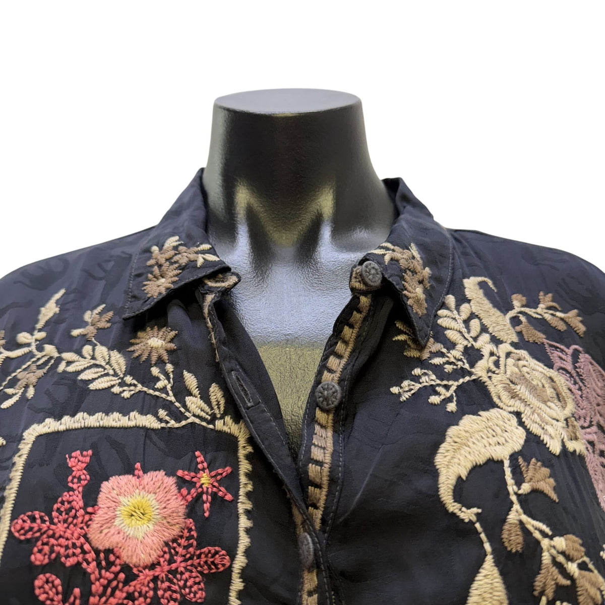 Johnny Was Embroidered Black Long-Sleeve Blouse Floral L