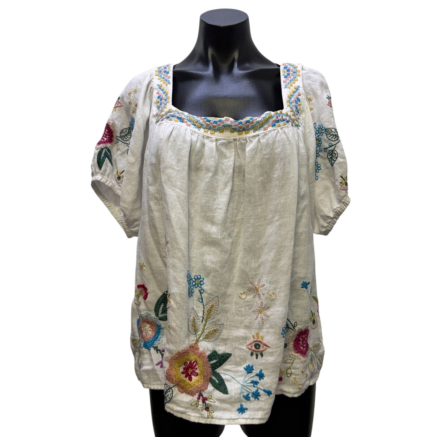 Johnny Was Linen Blouse White Multi Embroidered Floral XL