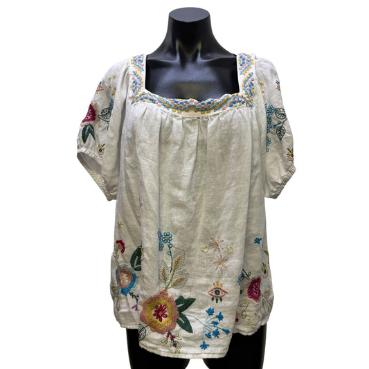 Johnny Was Linen Blouse White Multi Embroidered Floral XL