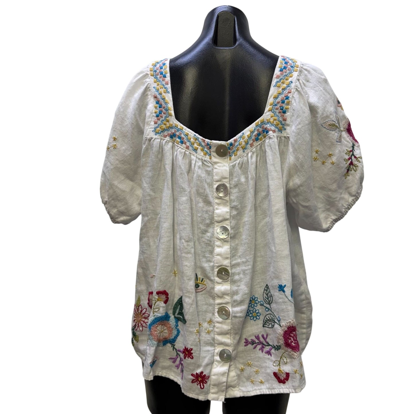 Johnny Was Linen Blouse White Multi Embroidered Floral XL