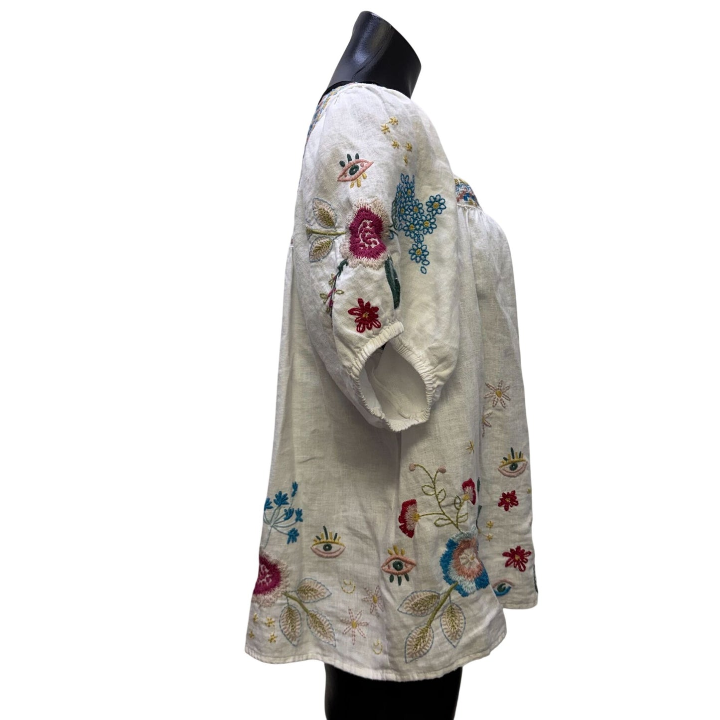 Johnny Was Linen Blouse White Multi Embroidered Floral XL