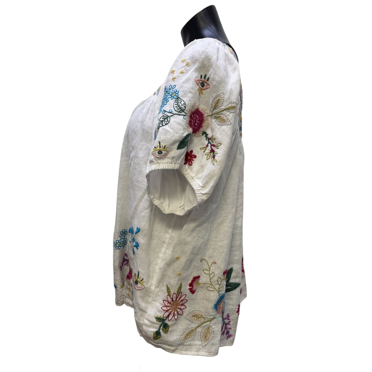 Johnny Was Linen Blouse White Multi Embroidered Floral XL