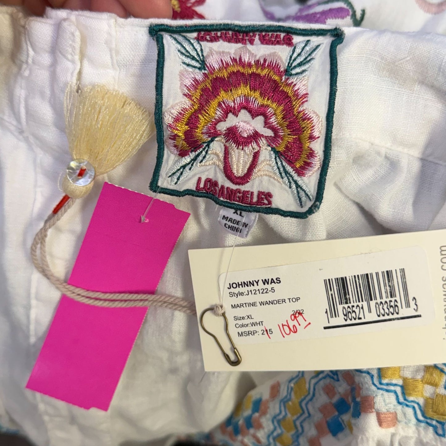 Johnny Was Linen Blouse White Multi Embroidered Floral XL