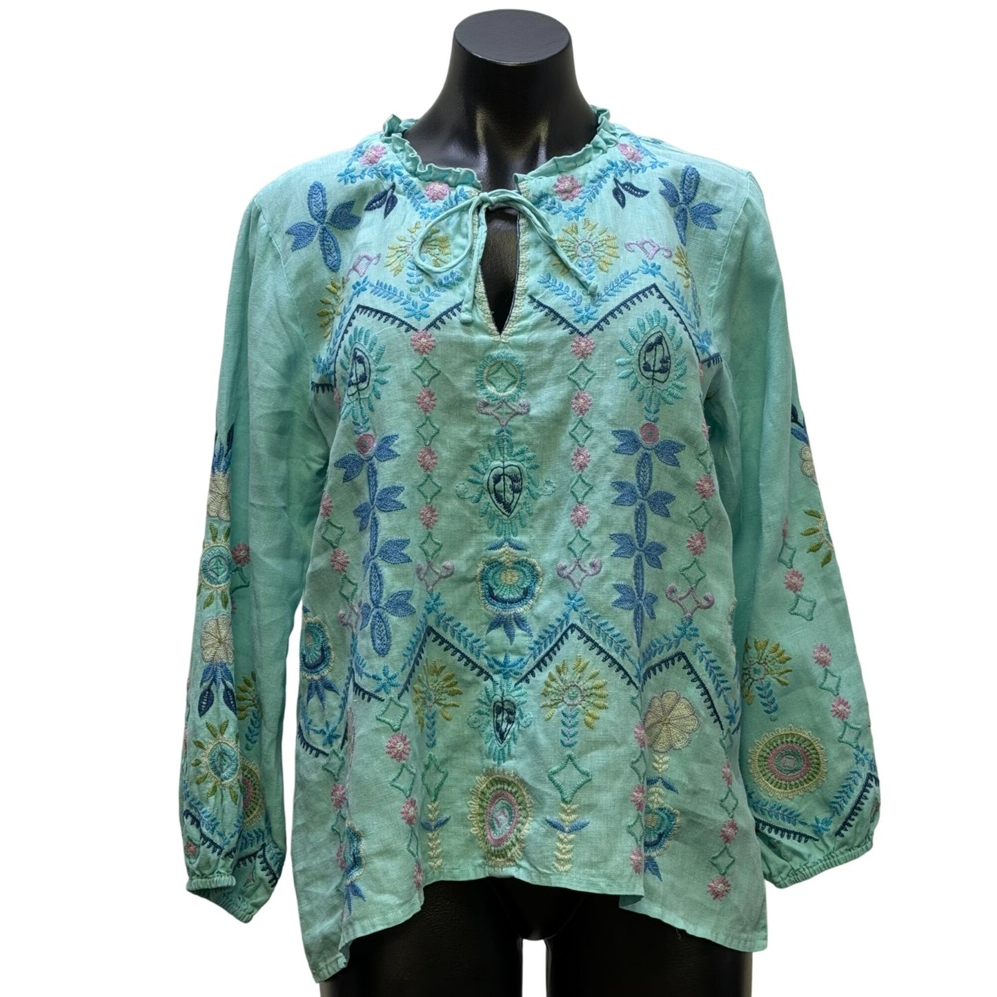Johnny Was Aqua Blue Floral Embroidered Linen Blouse S
