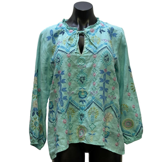 Johnny Was Aqua Blue Floral Embroidered Linen Blouse S