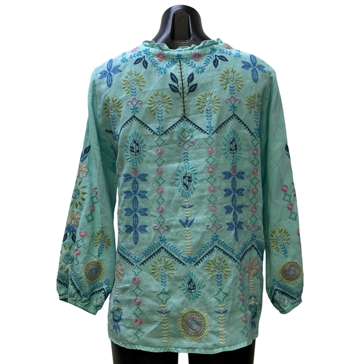 Johnny Was Aqua Blue Floral Embroidered Linen Blouse S