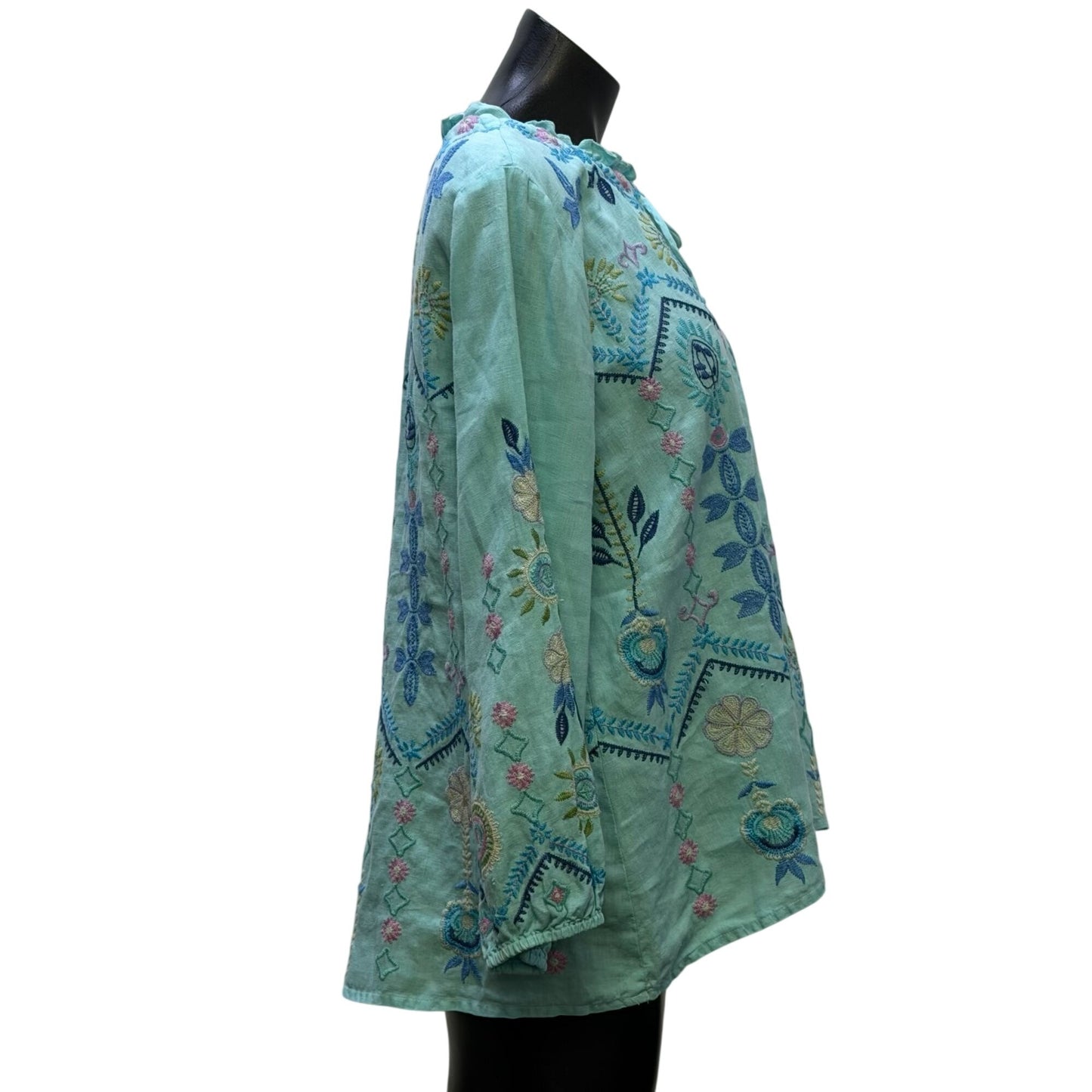 Johnny Was Aqua Blue Floral Embroidered Linen Blouse S