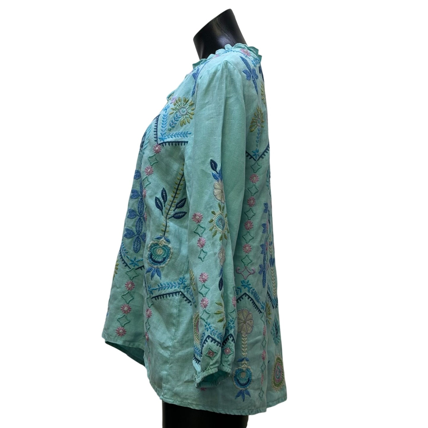 Johnny Was Aqua Blue Floral Embroidered Linen Blouse S