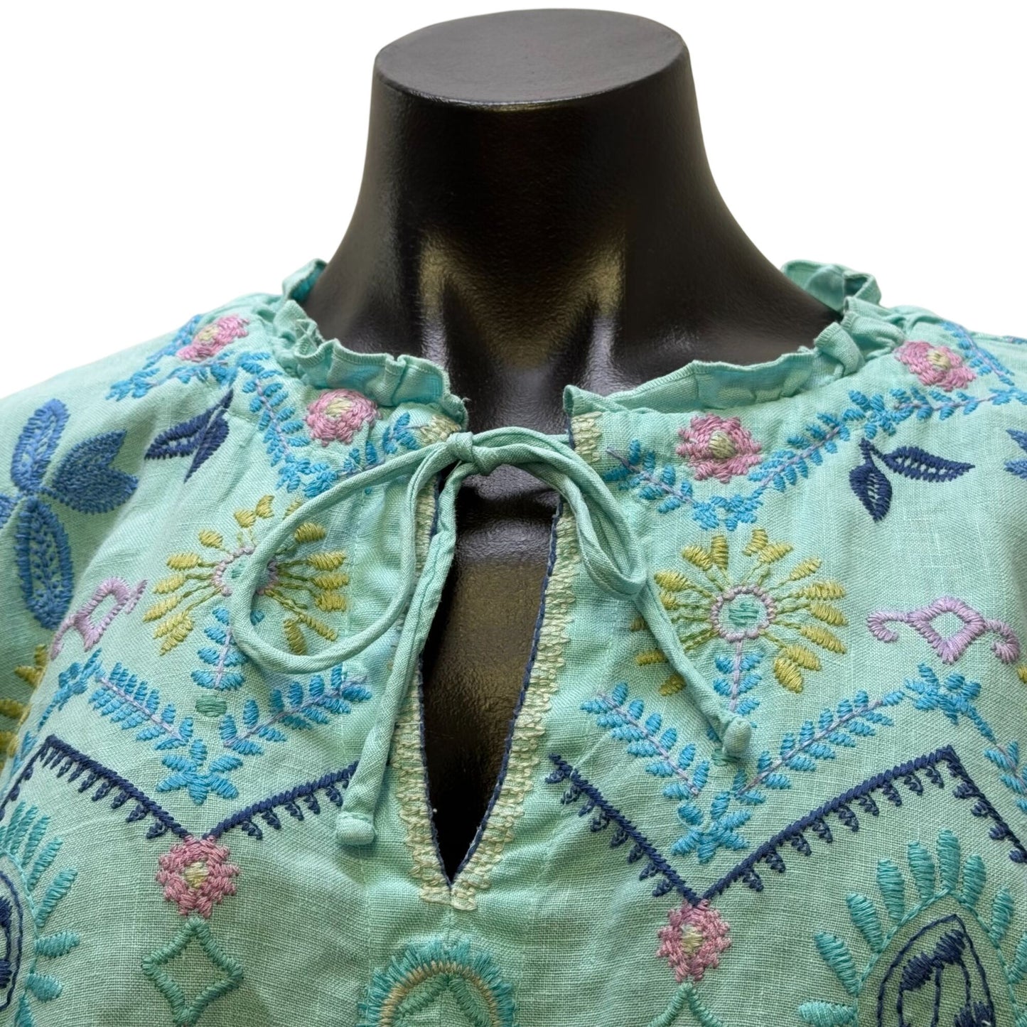 Johnny Was Aqua Blue Floral Embroidered Linen Blouse S