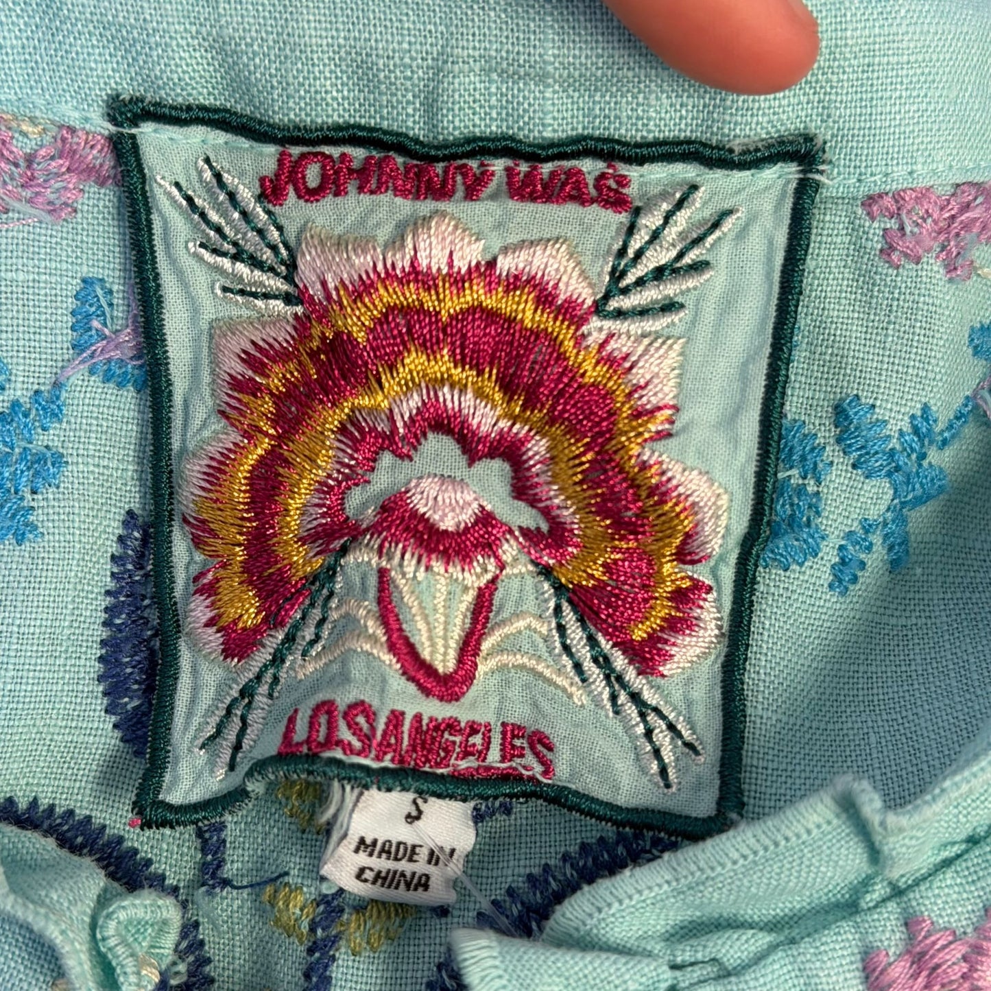 Johnny Was Aqua Blue Floral Embroidered Linen Blouse S