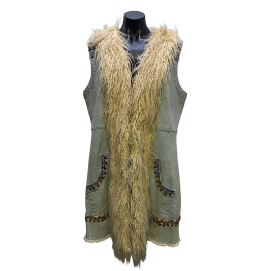 Double D Ranch Embroidered Denim Vest With Faux Fur Collar XL