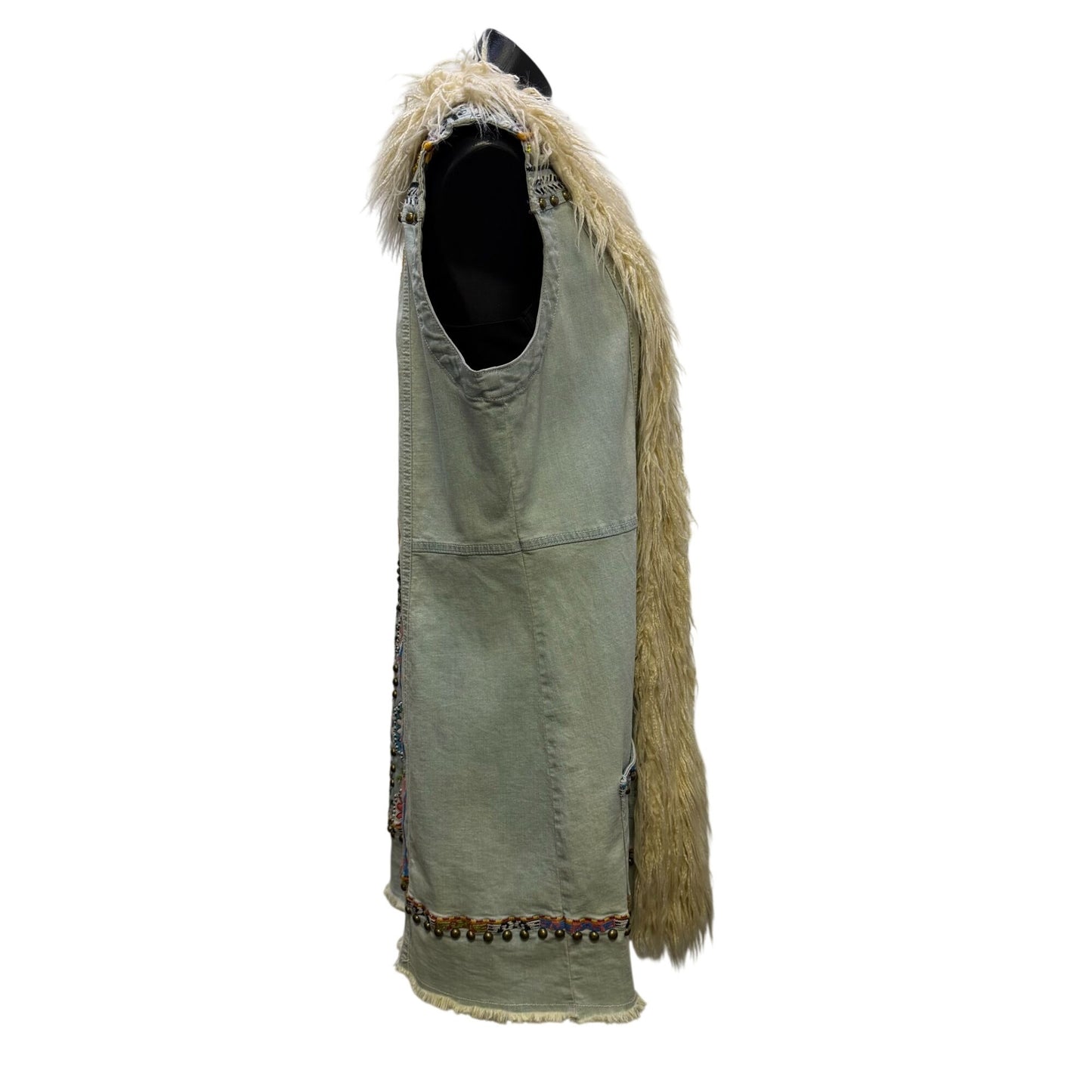 Double D Ranch Embroidered Denim Vest With Faux Fur Collar XL