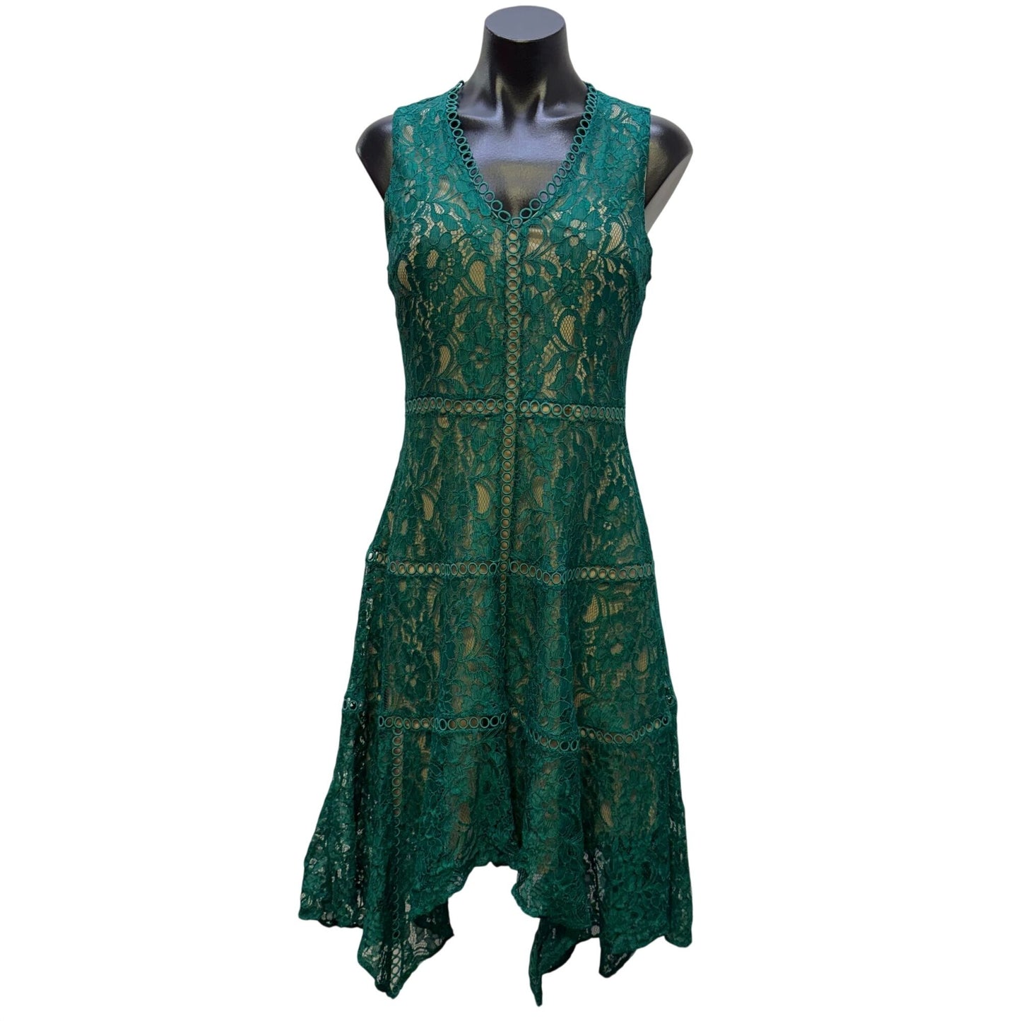 Neiman Marcus Green Lace Sleeveless Handkerchief Hem Dress Size 6