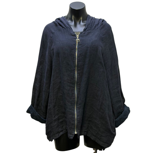 Tempo Paris Linen Lace Hooded Jacket Zip-Front Navy Blue M