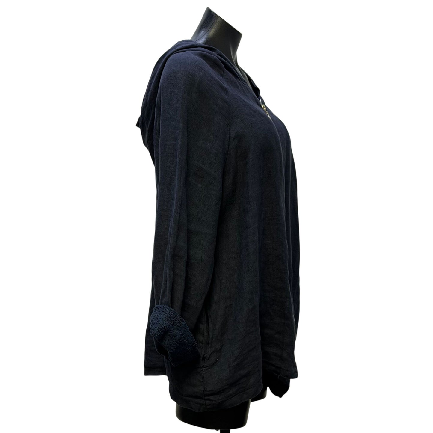 Tempo Paris Linen Lace Hooded Jacket Zip-Front Navy Blue M