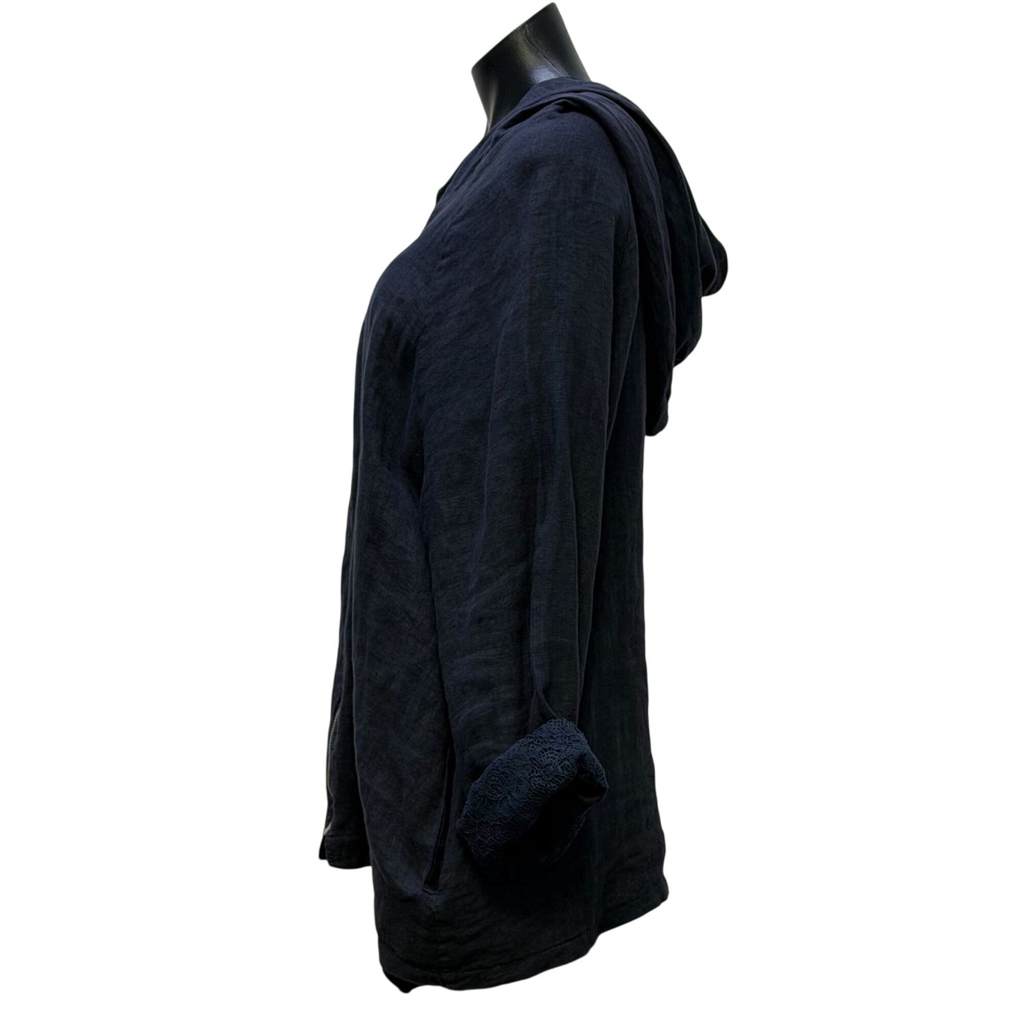 Tempo Paris Linen Lace Hooded Jacket Zip-Front Navy Blue M