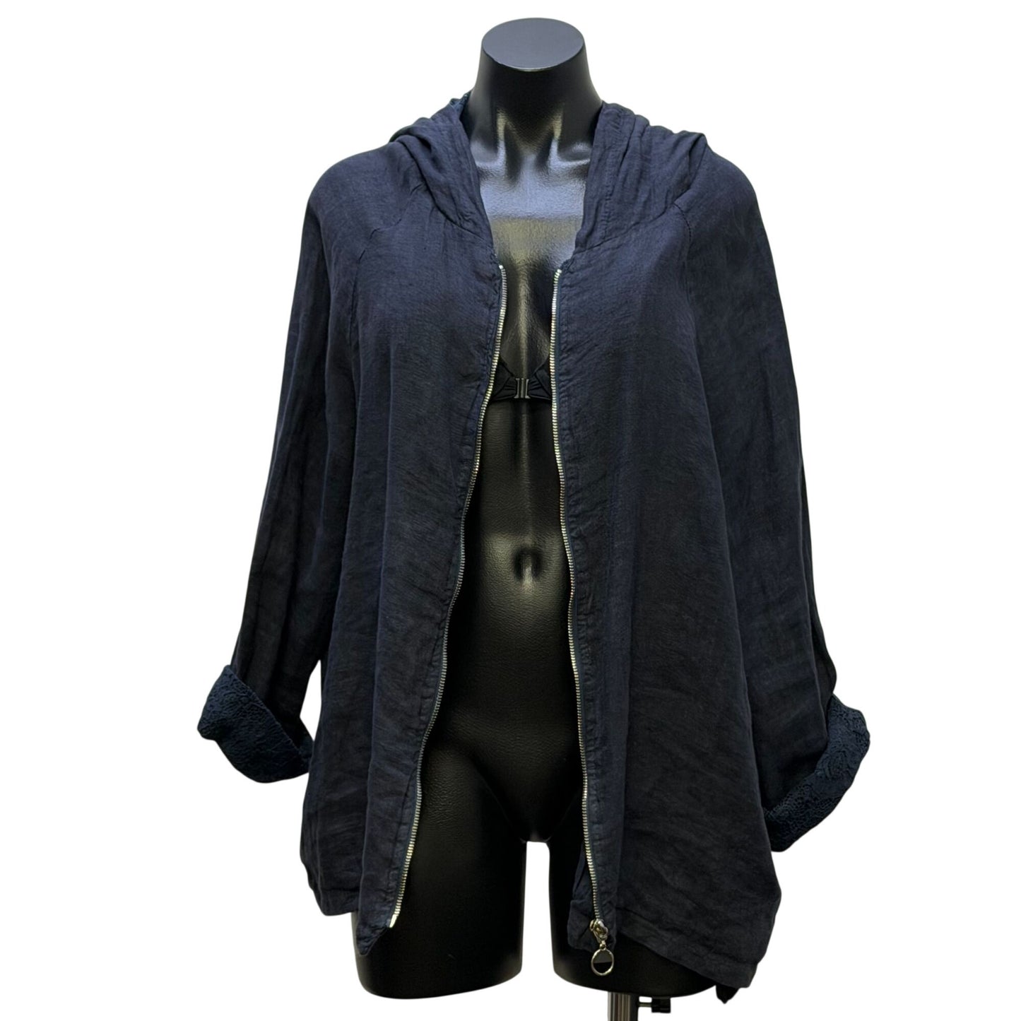 Tempo Paris Linen Lace Hooded Jacket Zip-Front Navy Blue M