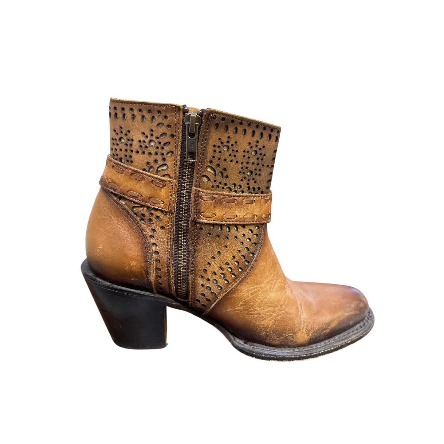 J.B. Dillon Vintage Perforated Leather Ankle Boots Side Zipper & Buckle Strap