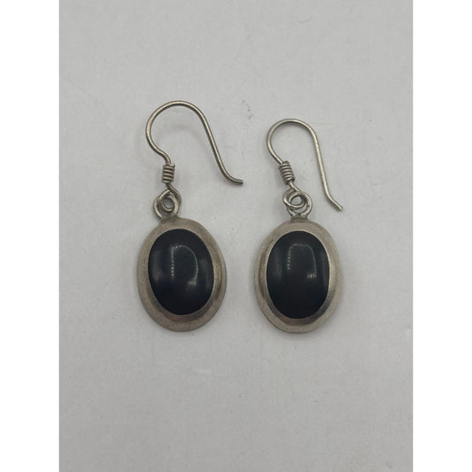 Sterling 925 Silver & Black Onyx Oval Dangle Earrings