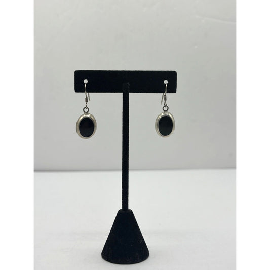 Sterling 925 Silver & Black Onyx Oval Dangle Earrings