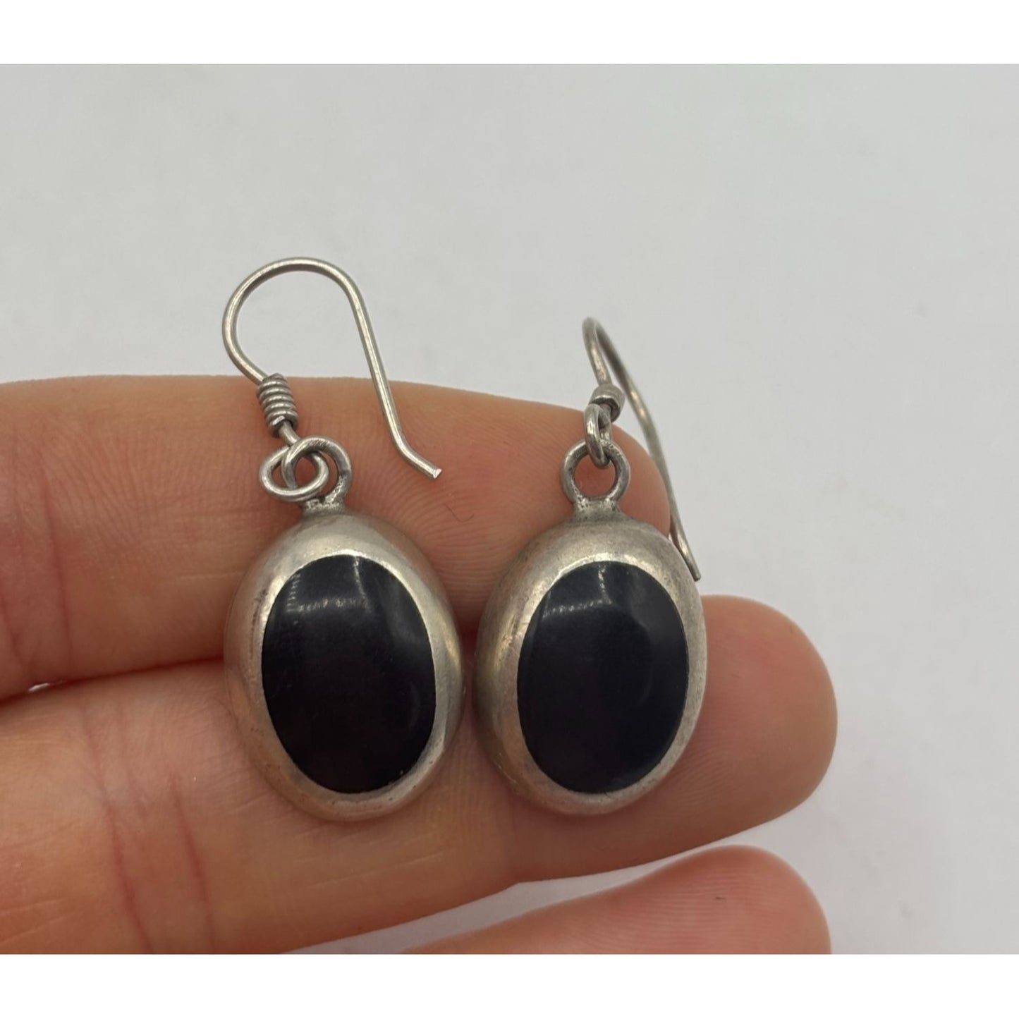 Sterling 925 Silver & Black Onyx Oval Dangle Earrings