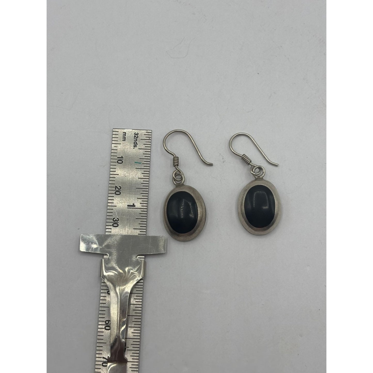 Sterling 925 Silver & Black Onyx Oval Dangle Earrings