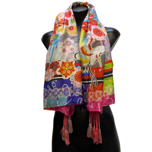 Johnny Was Fuji Scarf Multicolor Floral Print With Tassel Details