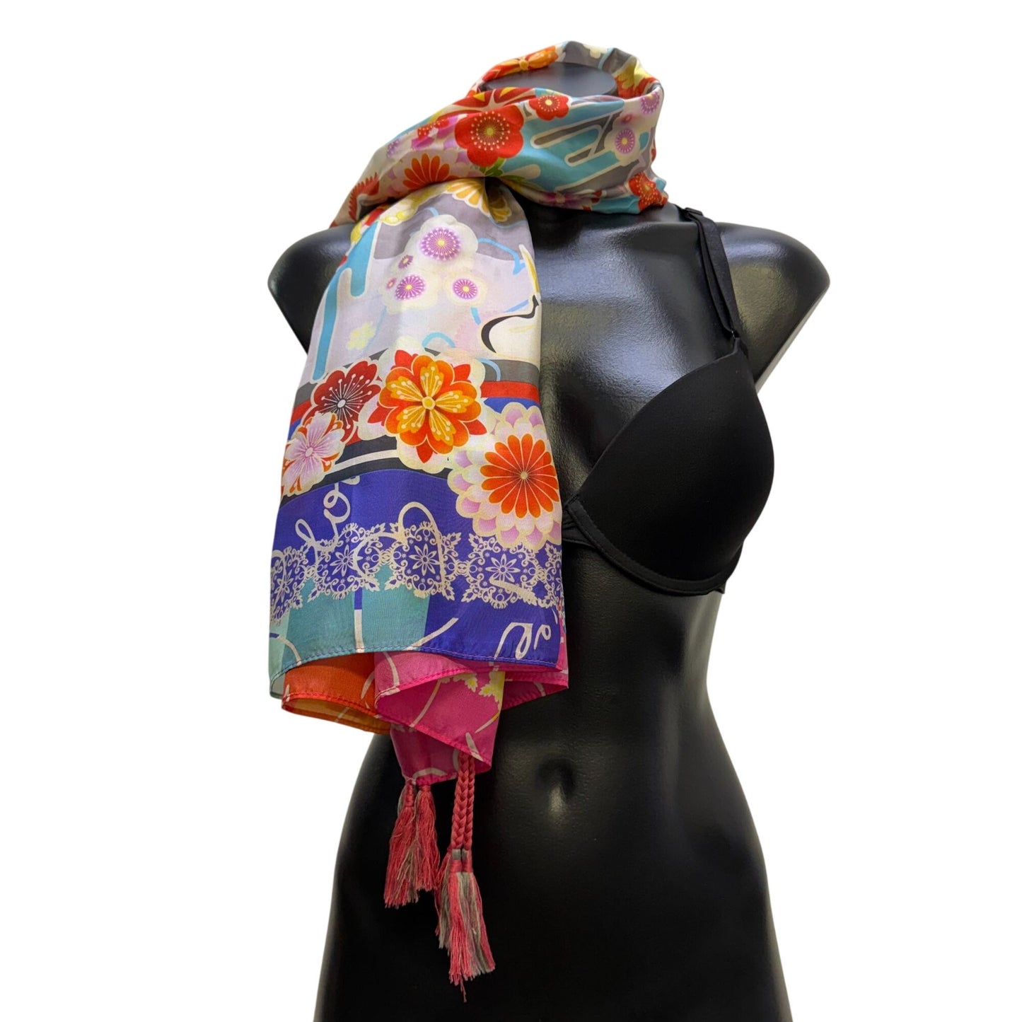 Johnny Was Fuji Scarf Multicolor Floral Print With Tassel Details