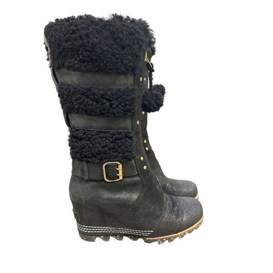 Sorel Black Suede Faux Fur Mid-Calf Wedge Boots Buckle & Zipper