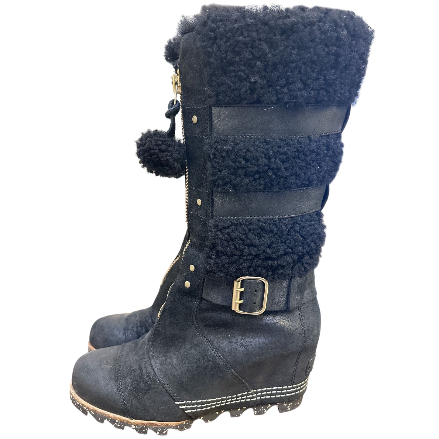 Sorel Black Suede Faux Fur Mid-Calf Wedge Boots Buckle & Zipper