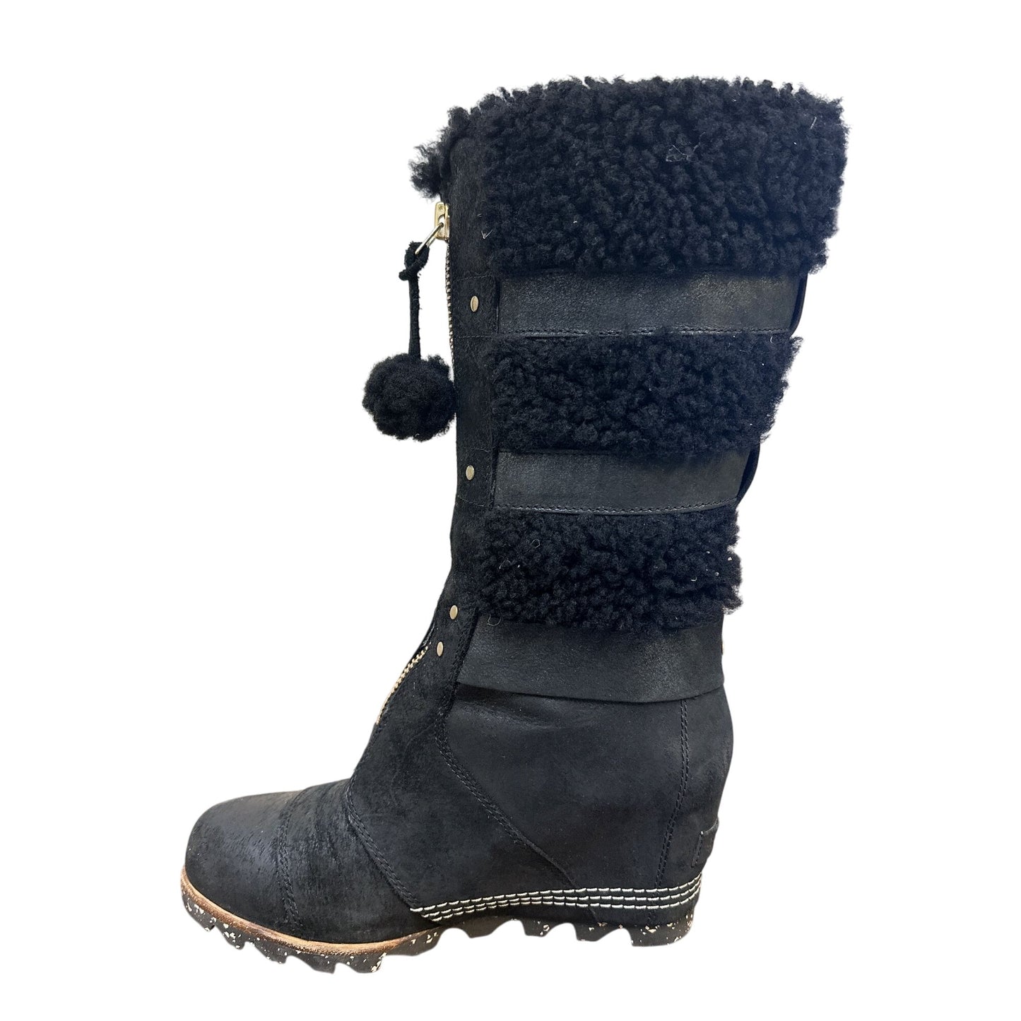 Sorel Black Suede Faux Fur Mid-Calf Wedge Boots Buckle & Zipper