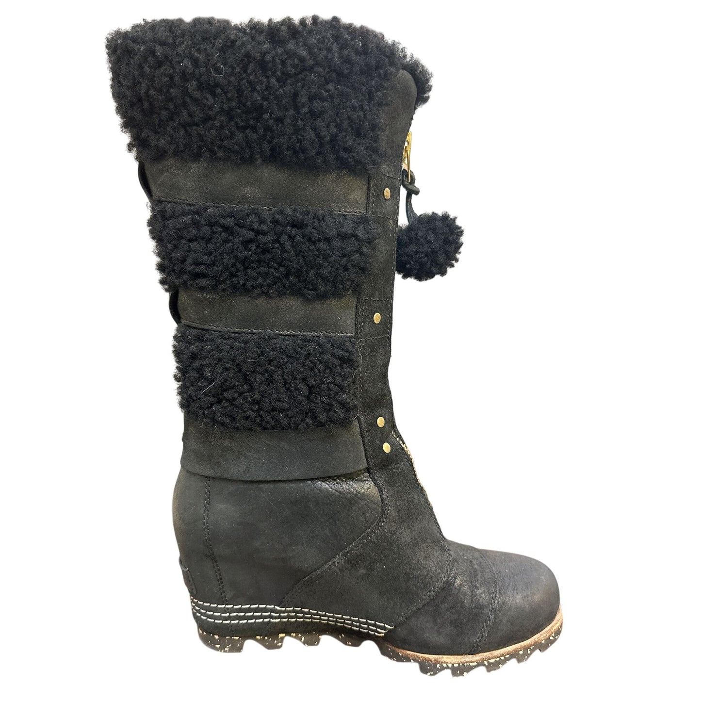 Sorel Black Suede Faux Fur Mid-Calf Wedge Boots Buckle & Zipper