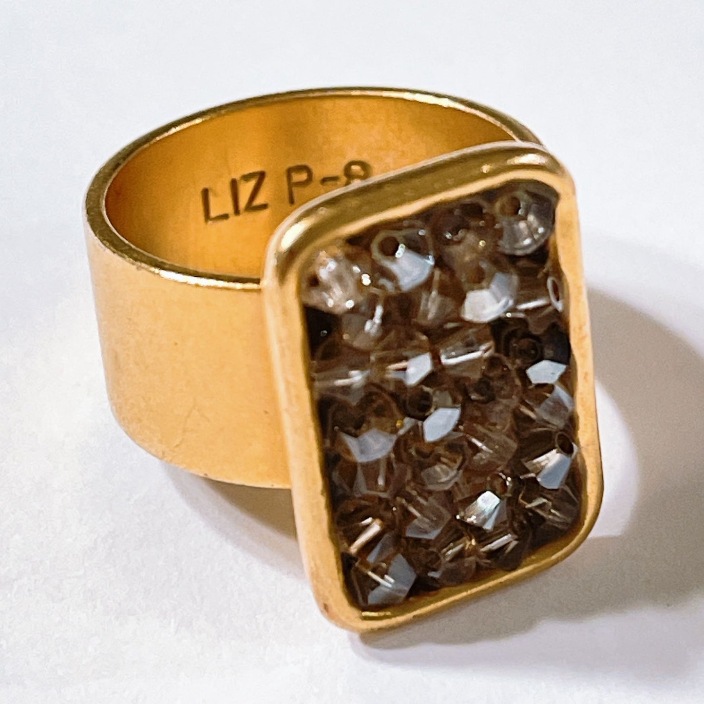 Gold-Tone Statement Ring With Rectangular Crystal-Like Embellishment By Liz P-8 size 8