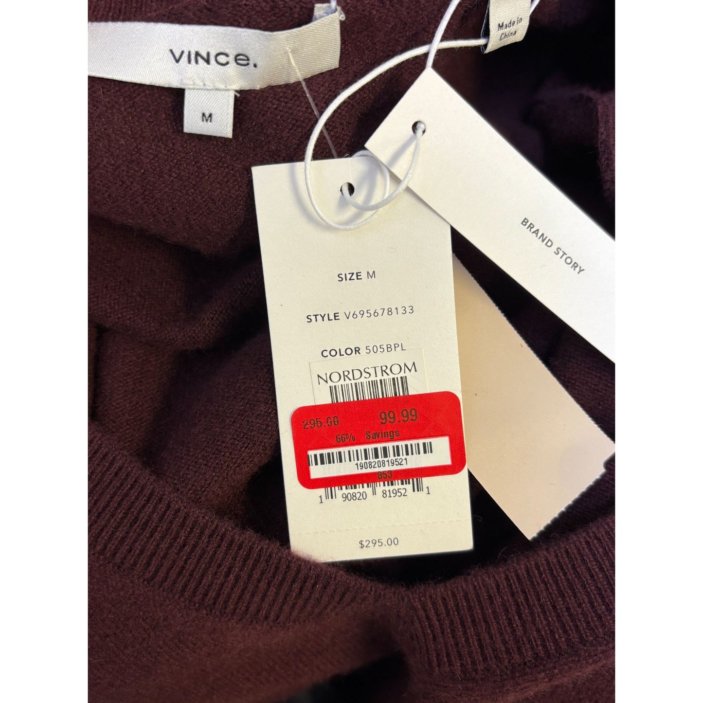 Vince NWT Cashmere V-Neck Sweater Wine Color M