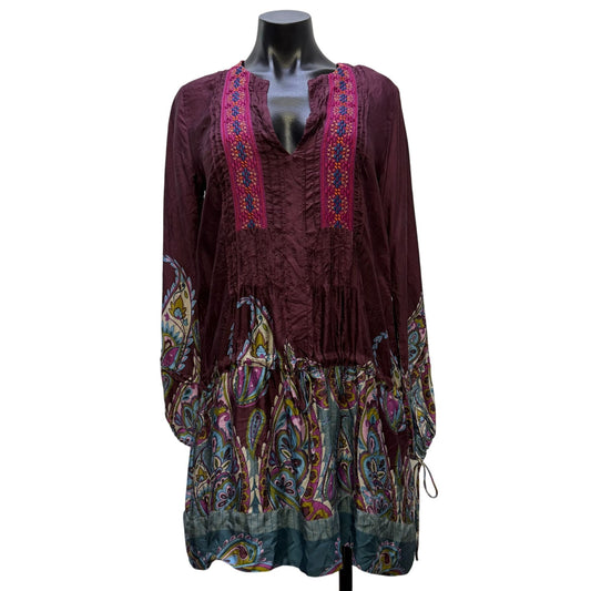 Johnny Was Silk Embroidered Tunic Blouse Purple Multi XS