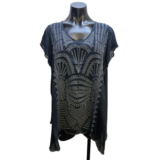 Johnny Was Boho Black & Gray Geometric Embroidered Tunic Blouse Size L