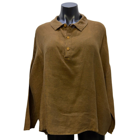 CP Shades Linen Long-Sleeve Blouse In Tan XS