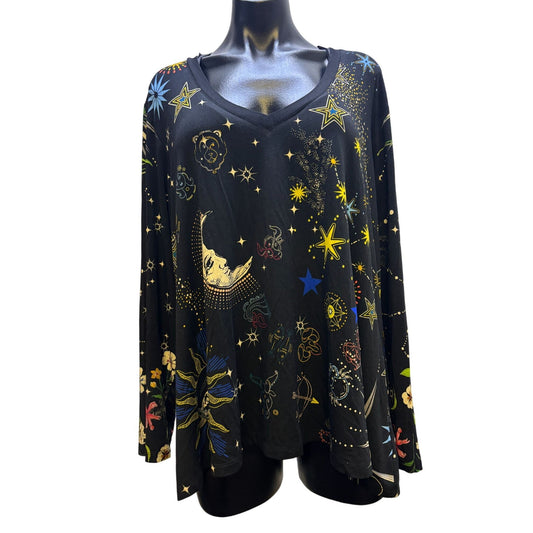 Johnny Was Black Multi Long Sleeve Celestial Print T-Shirt Blouse 2XL