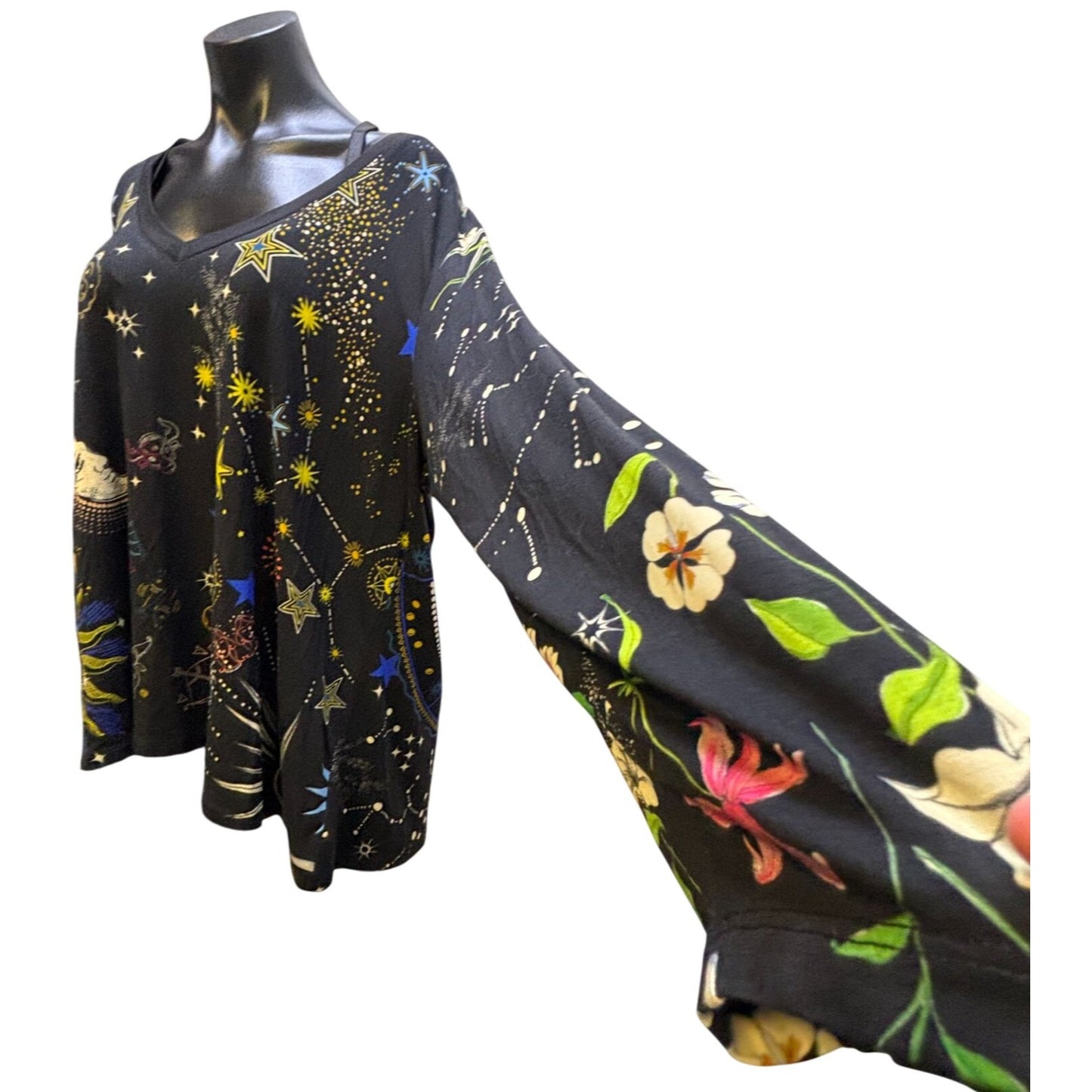 Johnny Was Black Multi Long Sleeve Celestial Print T-Shirt Blouse 2XL