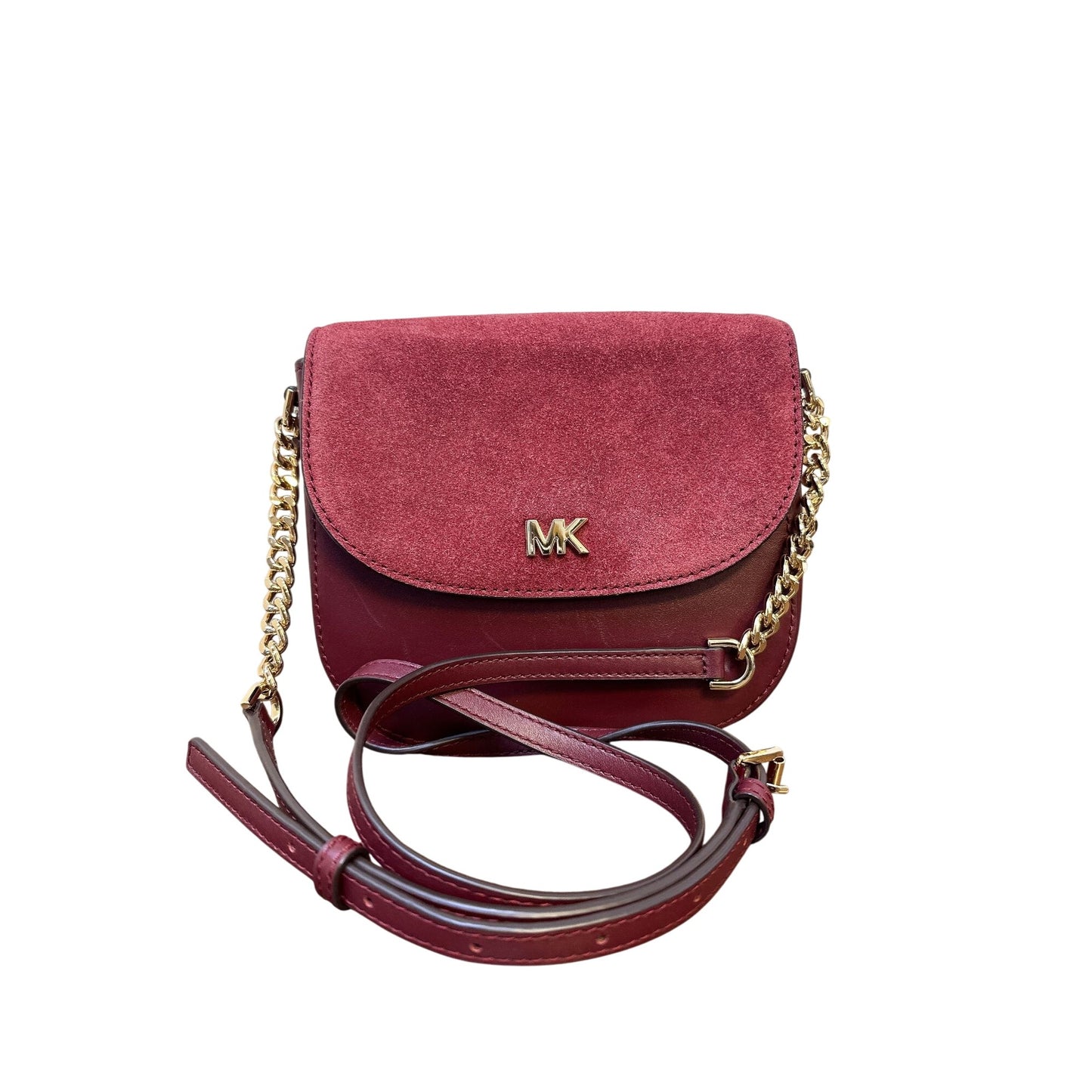 Michael Kors Burgundy Suede & Leather Crossbody Bag Gold Chain Strap