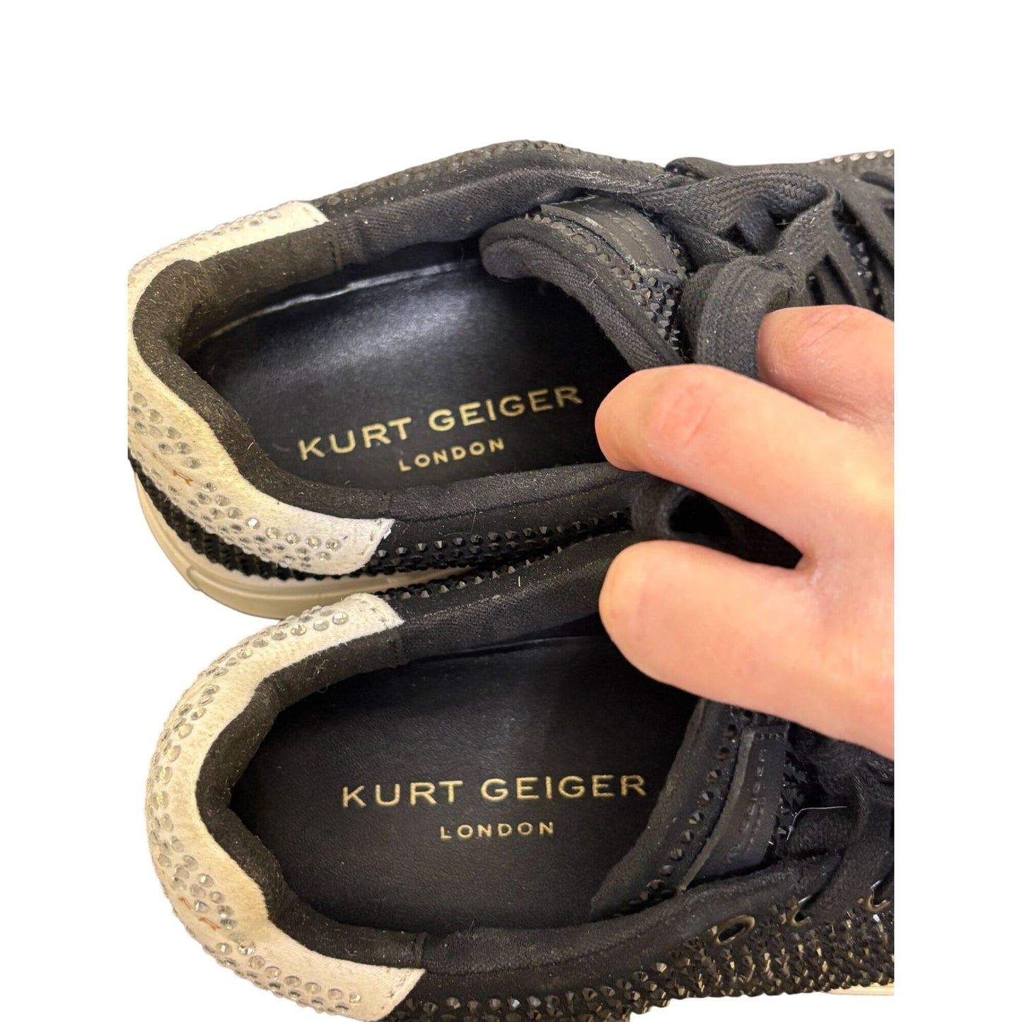 Kurt Geiger Lace-Up Sneakers Black Crystal Embellished Size 7.5